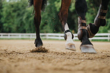 A detailed shot of a horse's hooves galloping on a sandy surface, capturing the dynamic movement...