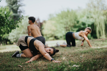 Group of individuals doing yoga in a serene park, focusing on a female performer stretching on the grass