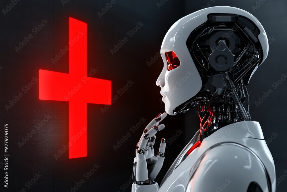 Poster human like robot with a christian cross exploring the philosophical implications of ai in religion a
