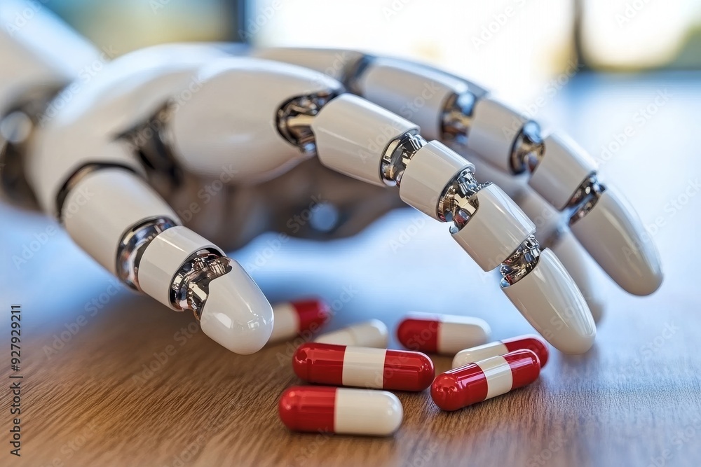 Poster humanoid robot hand reaching for a pill exploring themes of dependency and control in pharmaceutical