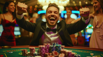 Man celebrating big win at casino table.