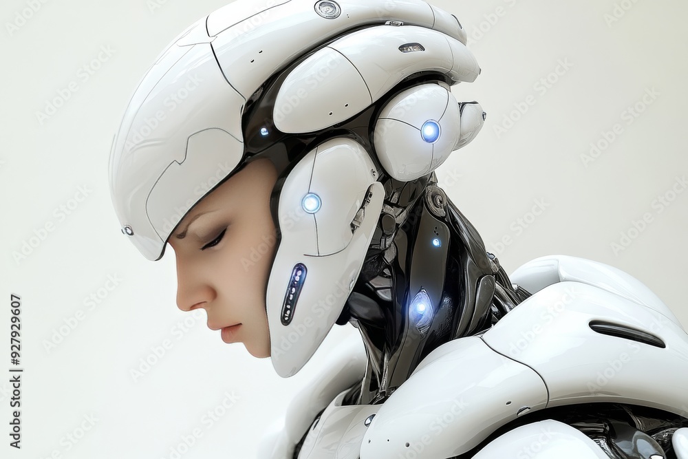 Poster Futuristic robot with enhanced vision system exploring augmented reality and its applications in various fields
