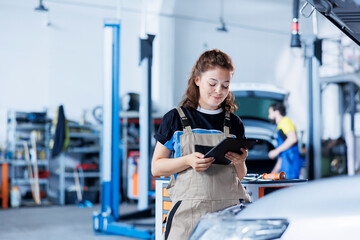 Technician in car service uses tablet to calculate invoice for client after repairing steering mechanism. Experienced expert in garage calculating final costs after servicing customer vehicle