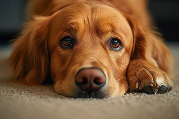 Closeup of sad golden retriever dog on carpet, indoor pet looking depressed and ill indoors