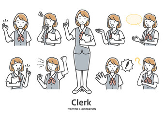 女性事務員の表情としぐさのバリエーションイラストセット