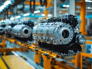 Fototapeta premium Automotive engine manufacturing assembly line at car factory with new engines in production