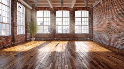 a spacious, empty studio with a wooden floor, a brick wall, and large windows that flood the room with natural light, perfect for dance or creative activities.