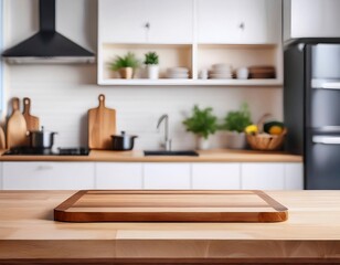 Wooden texture table top on kitchen background. Pphoto for product display or design key visual layout. For showcase or montage your items. Generated image