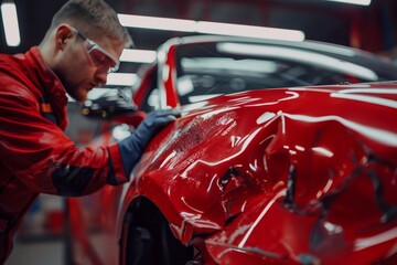 Auto body repair specialist diligently fixes dented car fenders for flawless restoration. Concept Auto body repair, Dented fenders, Restoration, Flawless finish, Specialist work.