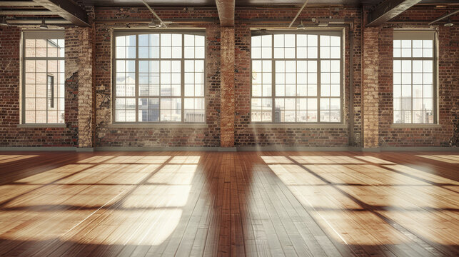 a spacious, empty studio with a wooden floor, a brick wall, and large windows that flood the room with natural light, perfect for dance or creative activities.