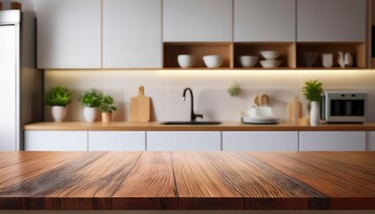 Wooden texture table top on kitchen background. Pphoto for product display or design key visual layout. For showcase or montage your items. Generated image