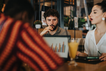 Diverse group of individuals engaging in a business meeting at a coffee bar, discussing charts and sharing ideas