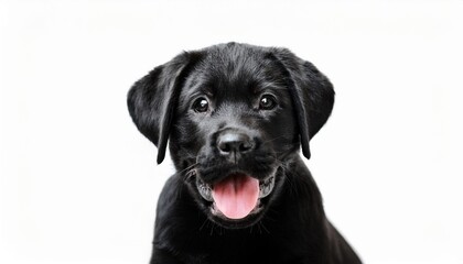 笑顔のラブラドールレトリバーの子犬のポートレート（Portrait of a smiling Labrador Retriever puppy on white background）
