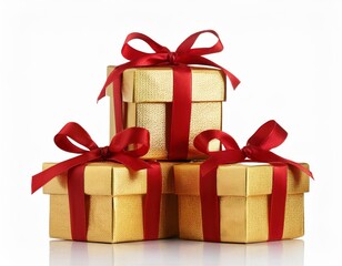Fototapeta premium Golden Christmas box gift with red ribbon, isolated on white background. Generated image