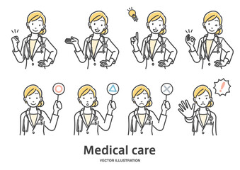 女性の医師の表情としぐさのイラストセット