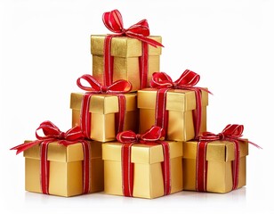 Golden Christmas box gift with red ribbon, isolated on white background. Generated image