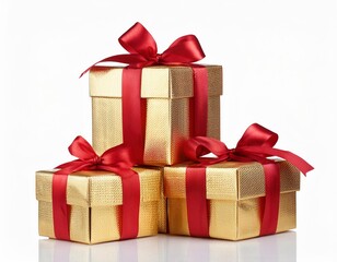 Fototapeta premium Golden Christmas box gift with red ribbon, isolated on white background. Generated image