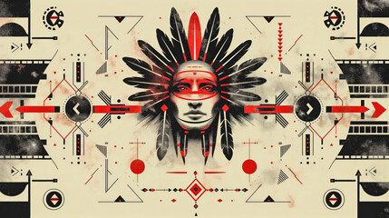 A symmetrical abstract design featuring a stylized face with a feathered headdress in red and black, surrounded by geometric patterns and symbols, creating a striking visual.