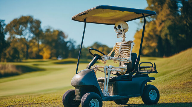 Happy halloween skeleton driving a golf cart at golf field on sunny day - Powered by Adobe