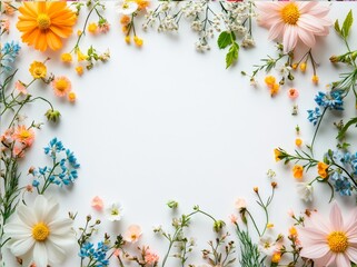 Spring Floral Frame with Daisies, Gypsophila, and Delicate Pastel Colors with white copy space background