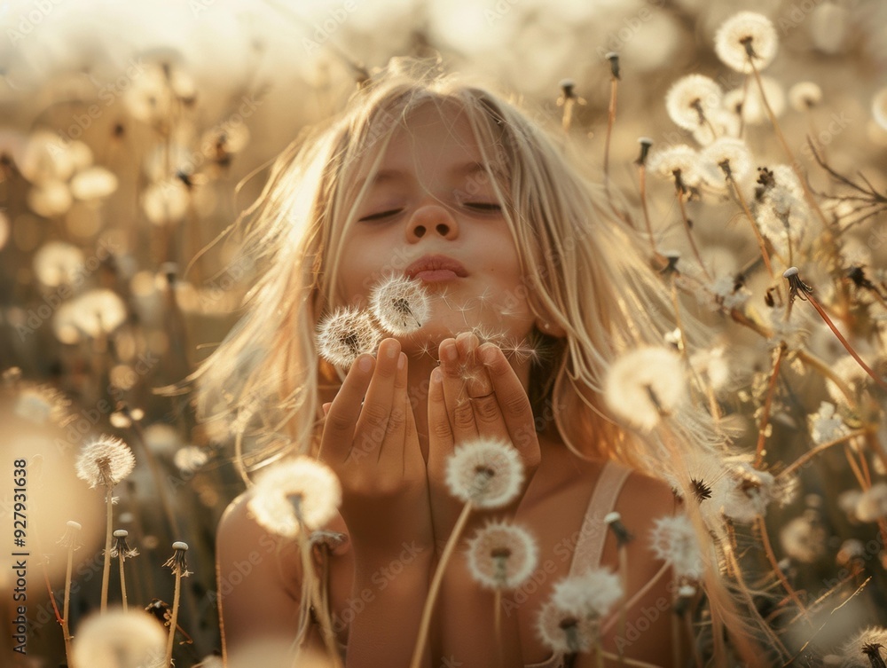 Poster A young girl blows on a dandelion in a field. AI.