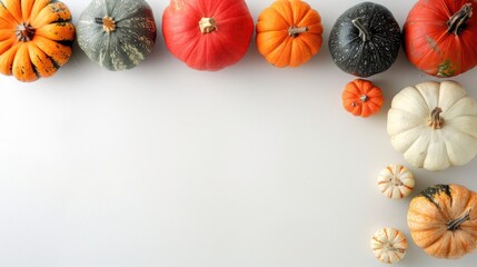 Fall themed decor with pumpkins on white background and space for text