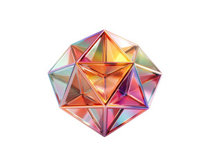 A geometric shape with iridescent colors and a complex structure.