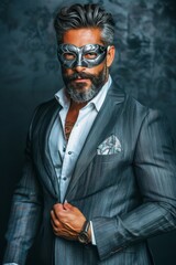 Fototapeta premium Enigmatic man in silver tribal mask dramatic monochrome portrait for luxury fashion ads