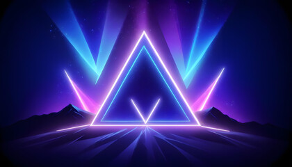 Neon triangles in a dark background with glowing blue and pink lights 17