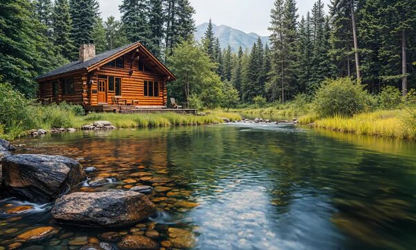 a log cabin sits on the shore of a river