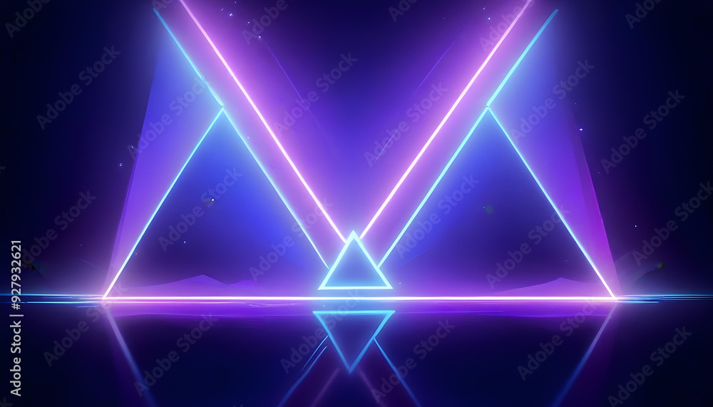 Wall mural Neon triangles in a dark background with glowing blue and pink lights 18