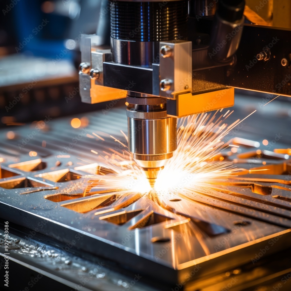 Poster close up of cnc milling machine shaping intricate metal piece with tool, creating sparks