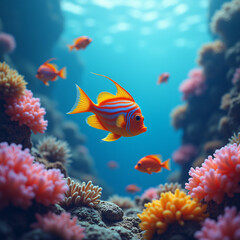 Obraz premium Colorful Tropical Fish Swimming Playfully Amongst the Vibrant Coral and Clear Blue Water of a Reef.