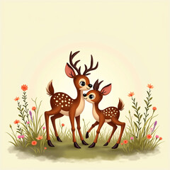 Cartoon Adorable Deer Fawns Happily Playing and Tumbling in a Meadow Covered with Colorful Wildflowers and Grasses.