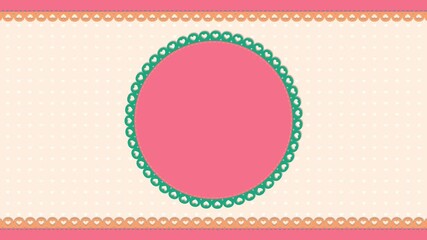 abstract circle frame with lace border card 4k loop motion background, colorful baby shower and anniversary heart pattern template, note space design element