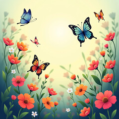 Cartoon Colorful Butterflies Dancing Gracefully Around a Cartoon Garden Blooming with a Variety of Brilliant Flowers.