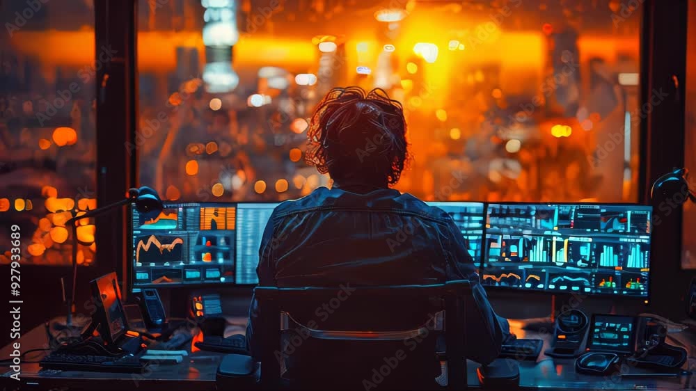 Aufkleber stock trader working late, illuminated by city lights through a large window