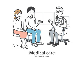 男性の医者に診察を受ける若い夫婦