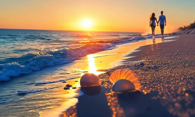 beachside couple's leisurely sunset stroll along the coast - Powered by Adobe