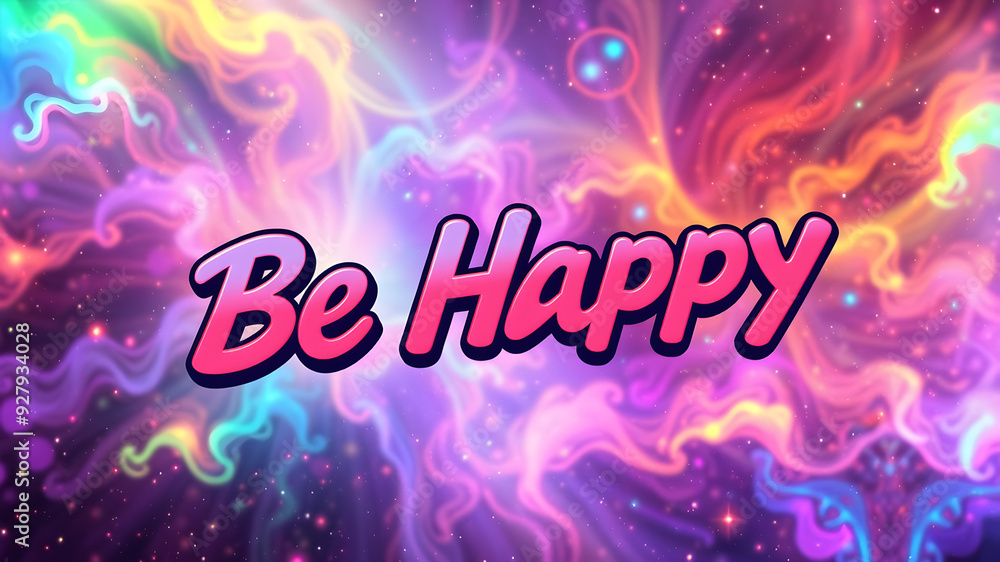 Wall mural “Be Happy” text in a groovy font on a retro, colorful background. Generative AI