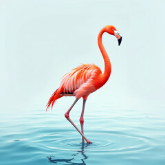 Graceful watercolor depiction of a vibrant flamingo standing elegantly in the shallow waters of a serene lagoon