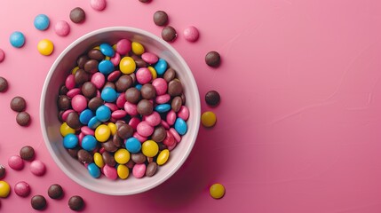 Colorful candy-coated chocolate drops in a white bowl on a pink background, creating a playful and vibrant sweet treat composition