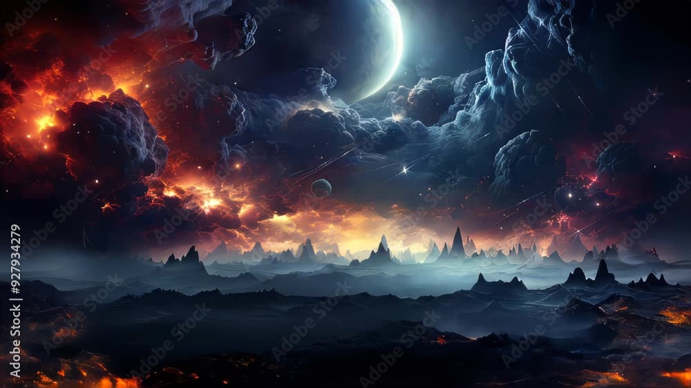 Poster space scene with futuristic planet surface and stars in open space with planets and galaxies