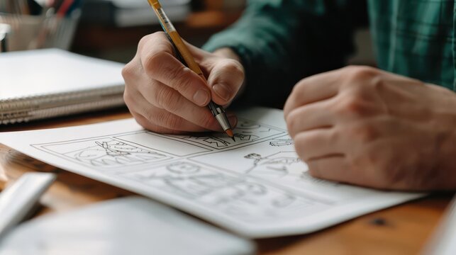 Handed illustrator drawing a comic strip in a studio, Left Handers Day, comic art