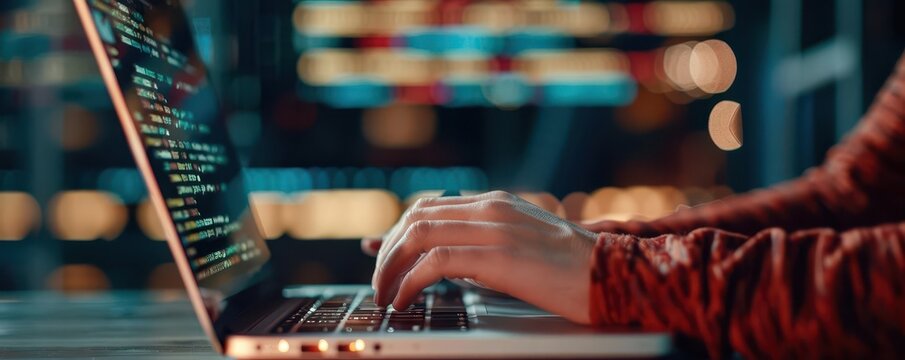 Left-handed programmer coding on a laptop at a tech hub, Left Handers Day, tech innovation