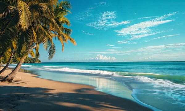 a beach with palm trees and the ocean in the background