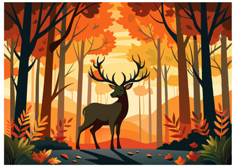 silhouette of a deer in autumn yellow forest