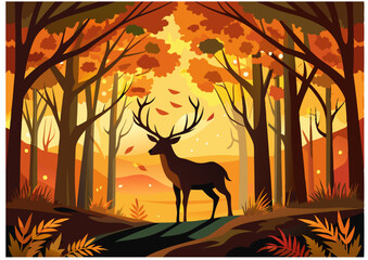 silhouette of a deer in autumn yellow forest