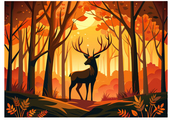 silhouette of a deer in autumn yellow forest
