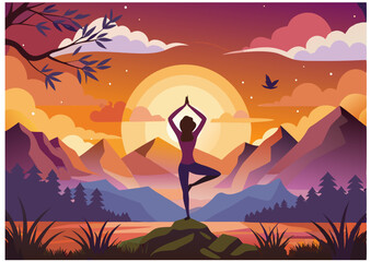 Silhouette of a girl against the backdrop of a sunset in the mountains vector illustration